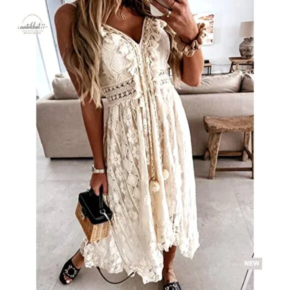 Sleeveless Lace Maxi Dress with Tassel Details, Adjustable Straps, Smocked Back - Picture 5 of 7